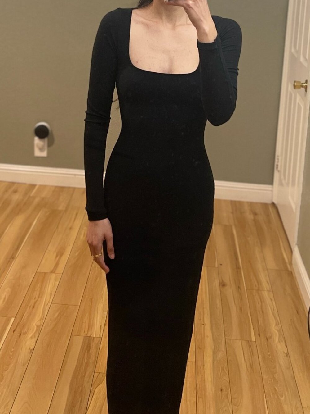 Pumiey Black Long Sleeve Bodycon Maxi Dress XS – Square Neck Stretch Dress